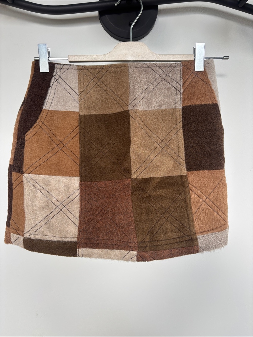 Loti Alpaca Patchwork Plaid Mini Skirt in Brown Tones